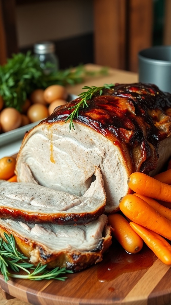 A tender pork roast with carrots and potatoes, garnished with herbs, served on a wooden platter.
